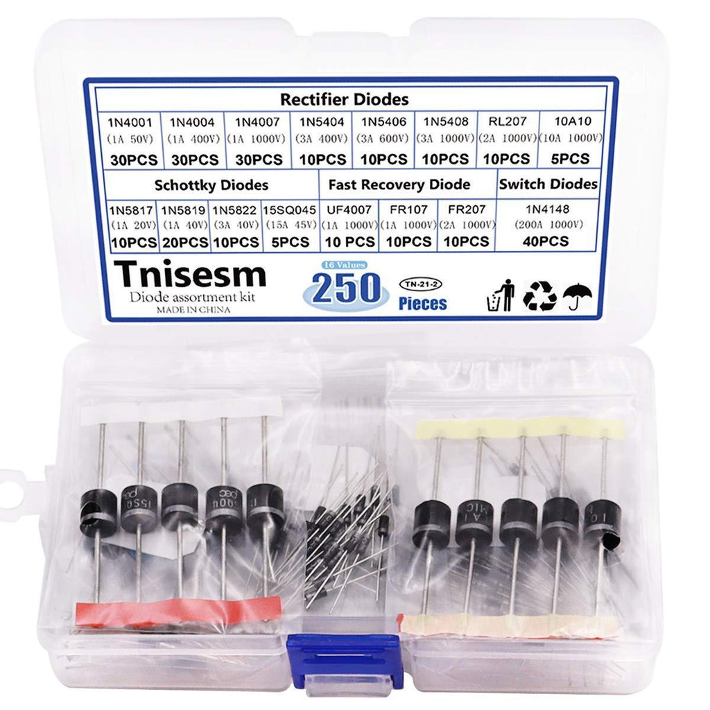 Tnisesm 250 Pcs 16 Values Rectifier/Schottky/Fast Recovery/Switch Diode Assortment Kit,1N4001 1N4004 1N4007 1N5404 1N5406 1N5408 RL207 10A10 1N5817 1N5819 1N5822 15SQ045 UF4007 FR107 FR207 1N4148