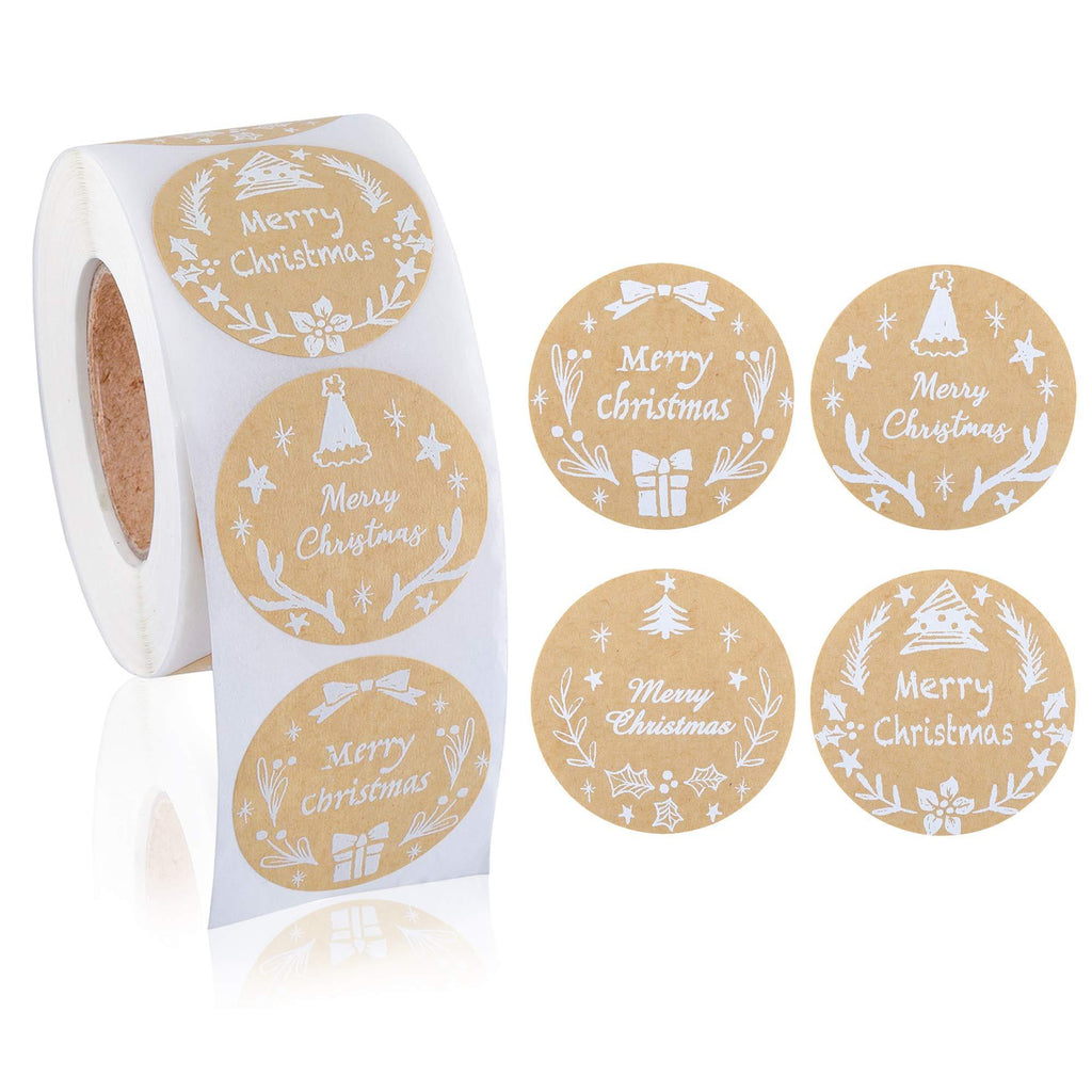 Filhome 1.5" Round Merry Christmas Stickers 500 Labels Per Roll, Holiday Stickers Envelope Seals for Cards Gift Boxes Kraft