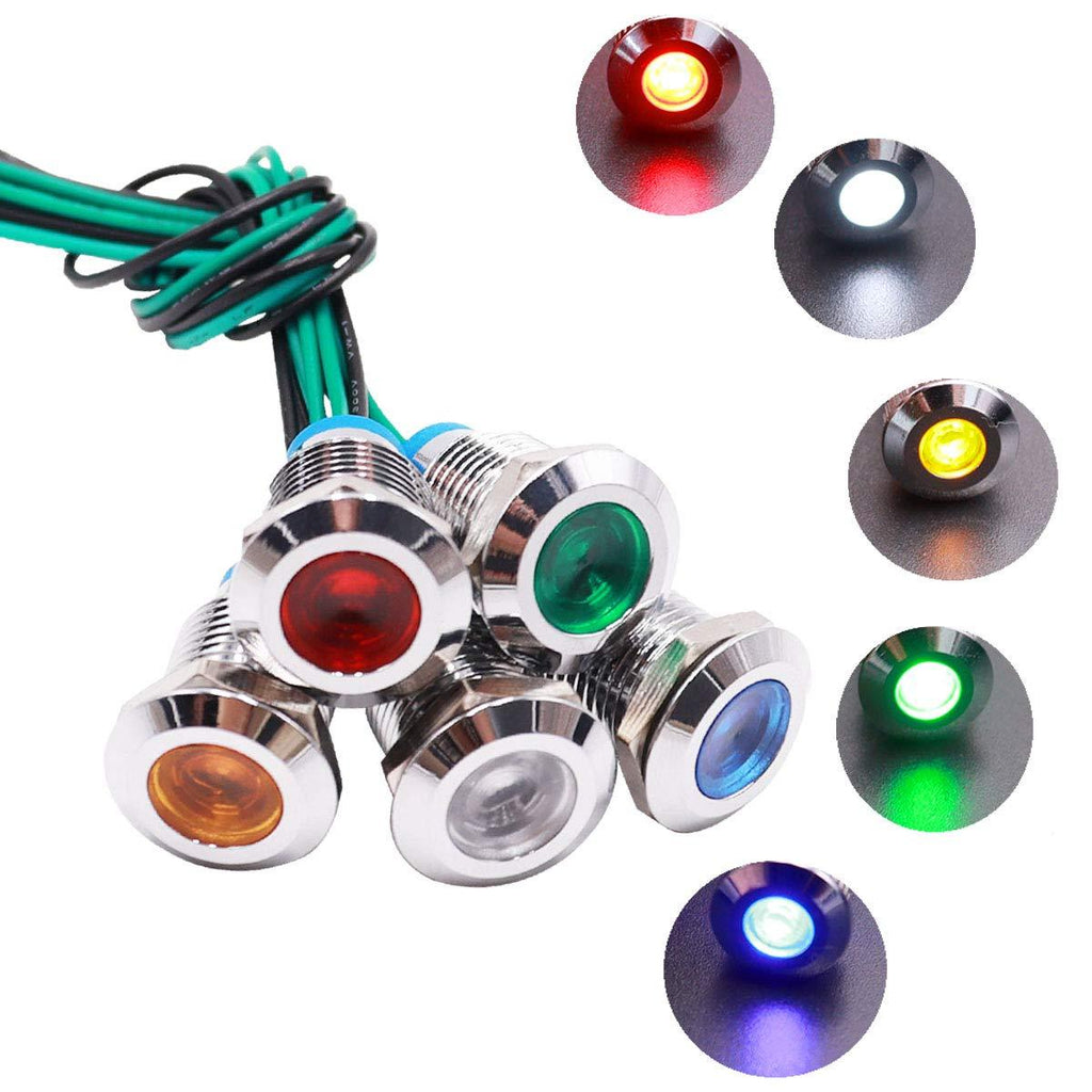 mxuteuk 5 Pcs 110V-220V 12mm 1/2" LED Metal Indicator Light Waterproof Signal Lamp Red Yellow Blue Green White with Wire for Car Truck Boat DQ12P-110V Red+ Yellow+Blue+Green+ White