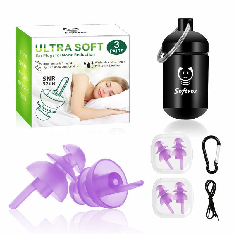 Sleeping Ear Plugs[3 Pairs], 100x Reusable Ultra Soft Noise Reduction and Hearing Protection earplugs for Side Sleepers, Snoring, Travel, Working, Other Loud Events - 32dB Hearing Protection Purple