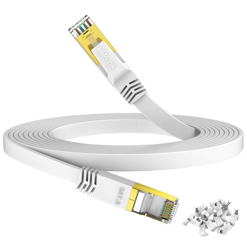 Cat 8 Ethernet Cable 15ft, HiiPeak Cat8 Flat Internet Cable 40Gbps 2000Mhz High-Speed LAN Patch Network Cables with RJ45 Gold-Plated Connector, Compatible with Cat5/Cat6 /Cat7, White (15 ft) 15 ft