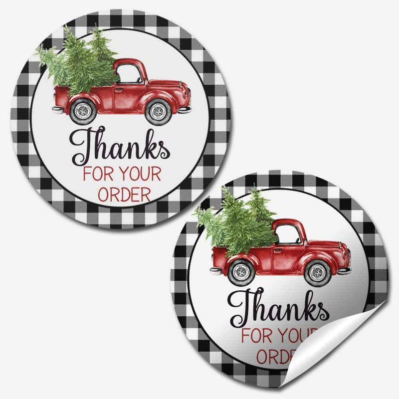 Black Buffalo Plaid & Red Truck Christmas Thank You Customer Appreciation Sticker Labels for Small Businesses, 60 1.5" Circle Stickers by AmandaCreation, for Envelopes, Postcards, Direct Mail, More!