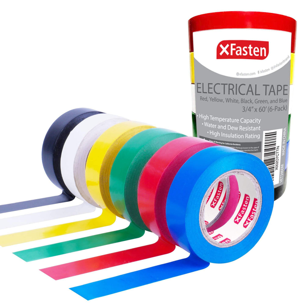 XFasten Vinyl Multi-Colored Electrical Tape Assortment Value Pack, 3/4-Inch x 60-Foot (7 mil), Multicolor (6-Pack) Colored Electrical Tape for Identification | Flame Retardant and Waterproof