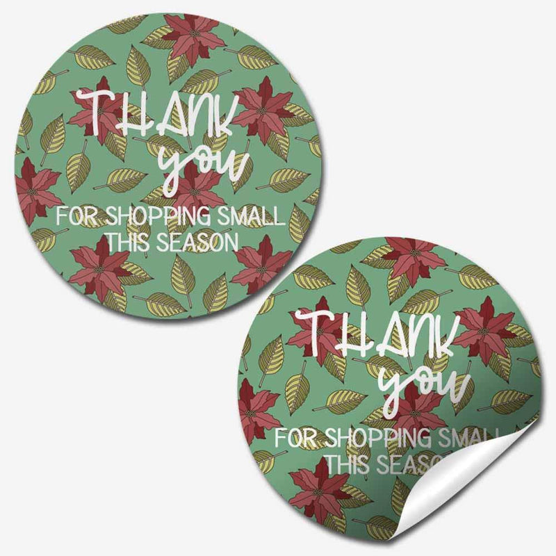 Holiday Poinsettia Thank You Customer Appreciation Sticker Labels for Small Businesses, 60 1.5" Circle Stickers by AmandaCreation, for Envelopes, Postcards, Direct Mail, More!