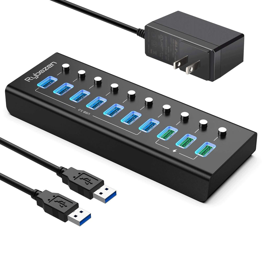 Rybozen Powered USB Hub,10-Port USB 3.0 Hub with 7 USB 3.0 Data Ports + 3 USB Smart Charging Ports,LEDs Individual Switches and Power Adapter for Keyboard, Mouse, Printer, Hard Drivers 10 Port black