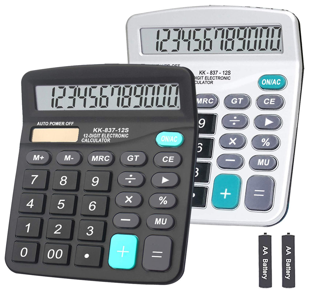 Calculator, BESTWYA Dual Power Handheld Desk Calculator with 12 Digit Large LCD Display Big Sensitive Button (1 Black & 1 Silver) 1 Black & 1 Silver