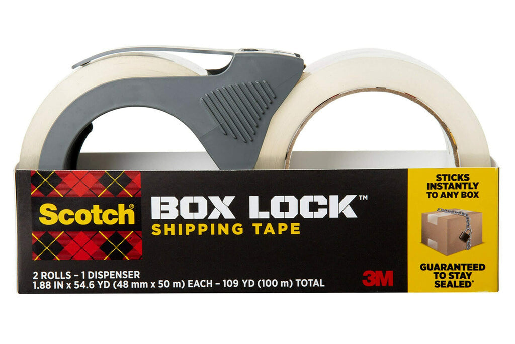 Scotch Box Lock Packaging Tape, 2 Rolls with 1 Refillable Dispenser, 1.88 in x 54.6 yd, Extreme Grip, Sticks Instantly to Any Box