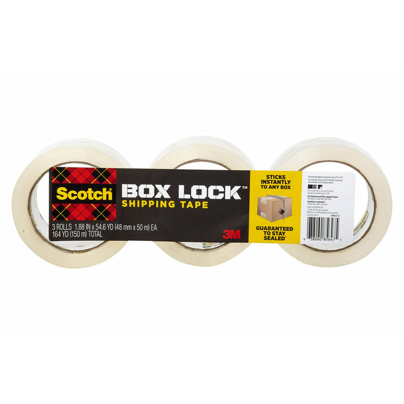 Scotch Box Lock Packaging Tape, 3 Rolls, 1.88 in x 54.6 yd, Extreme Grip Packing, Shipping and Mailing Tape, Sticks Instantly to Any Box