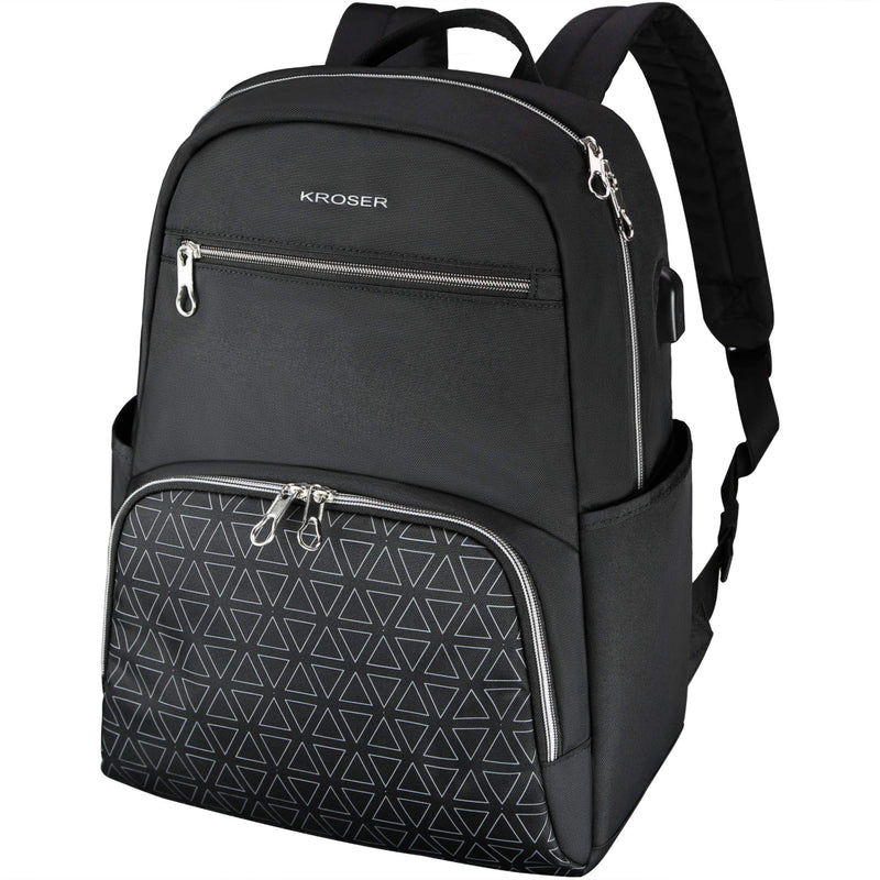 KROSER Stylish Laptop Backpack 15.6 Inch College School Daypack with USB Charging Port, Water-repellent Nylon Computer Backpack Fashion Backpack for Travel/Business/Women/Girls-Black