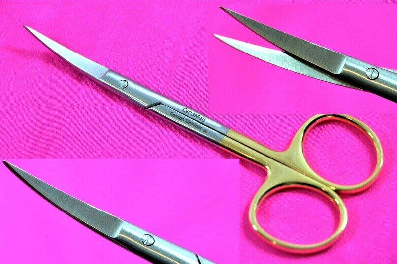Premium German Iris Supercut Micro Dissecting Scissors Curved 4.5" with Tungsten Carbide Inserts Gold Handle (Curved Blades) CURVED BLADES