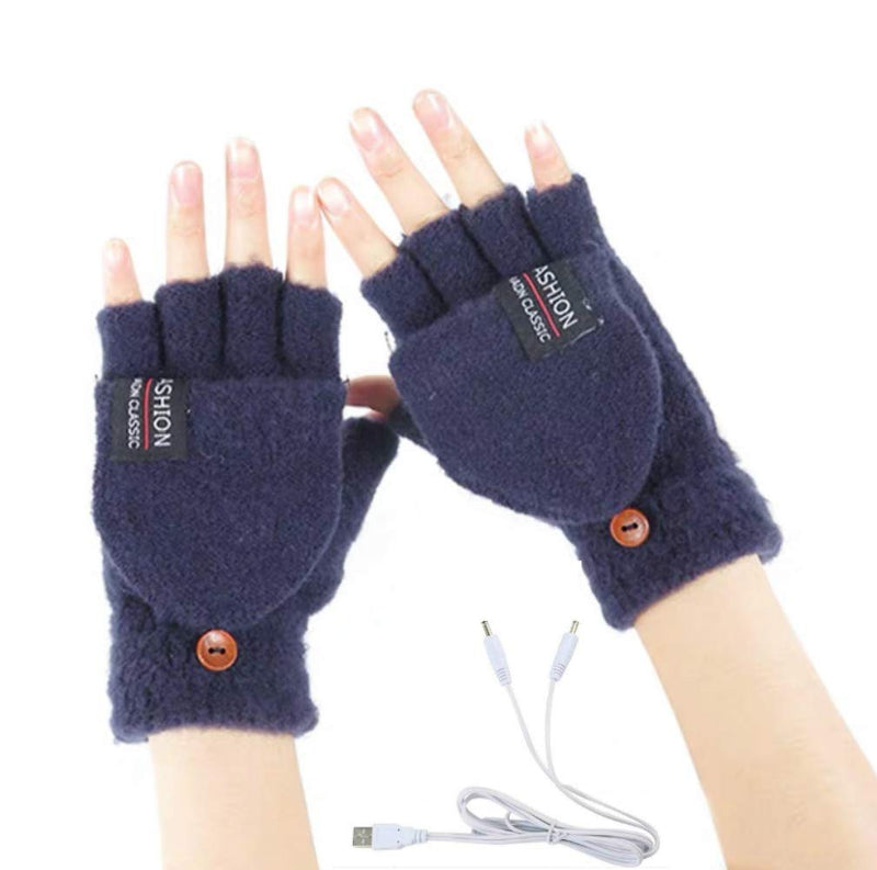 Women's & Men's USB Heated Gloves Knitting Hands Full & Half Heated Fingerless Heating Warmer with Button Washable Design, Mitten Winter Hands Warm Laptop Gloves (Navy) Navy