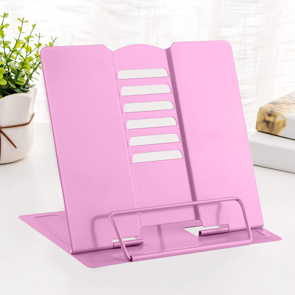 MSDADA Book Stand Metal Reading Rest Book Holder Adjustable Cookbook Documents Holder Portable Sturdy Bookstands for Recipes Textbooks with Page Clips Birthday Gifts for Girls Mom Students(Pink) Pink