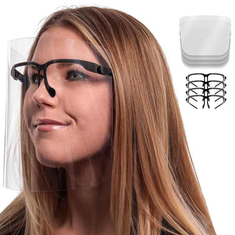 TCP Global Salon World Safety Face Shields with Black Glasses Frames (Pack of 4) - Ultra Clear Protective Full Face Shields to Protect Eyes, Nose, Mouth - Anti-Fog PET Plastic, Goggles