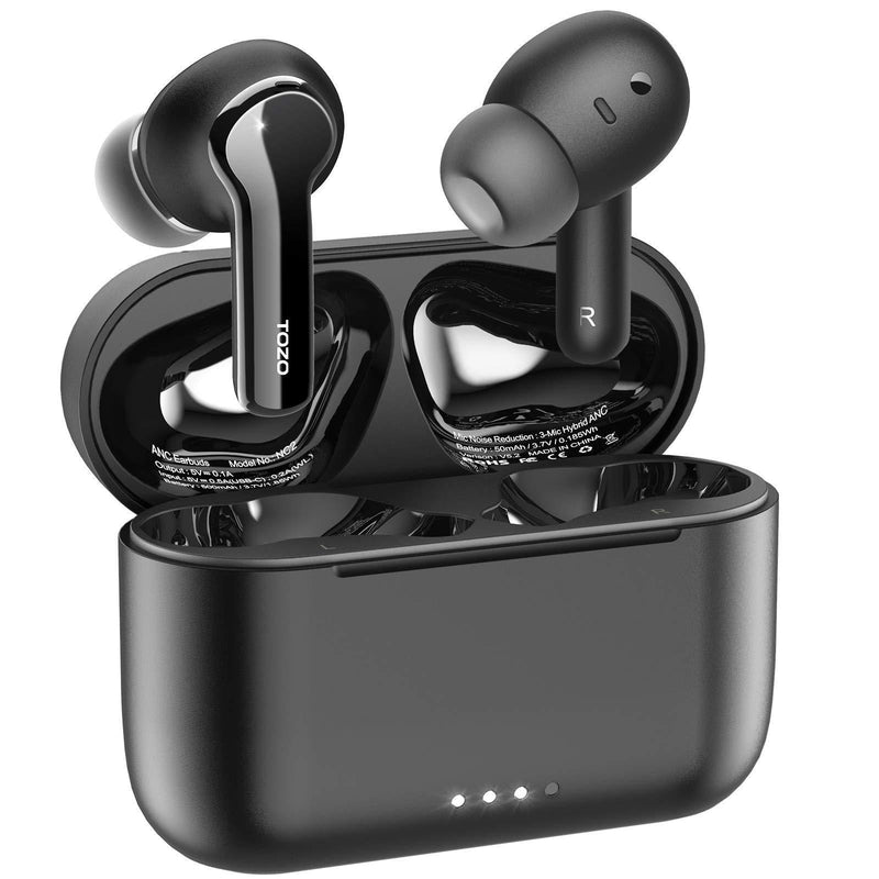 TOZO NC2 Hybrid Active Noise Cancelling Wireless Earbuds, ANC in-Ear Detection Headphones, IPX6 Waterproof Bluetooth 5.2 Stereo Earphones, Immersive Sound Premium Deep Bass Headset, Black
