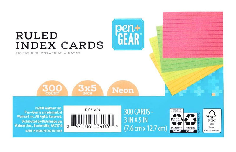 Ruled Index Cards, 3 inch by 5 inch, Neon, 300 Count