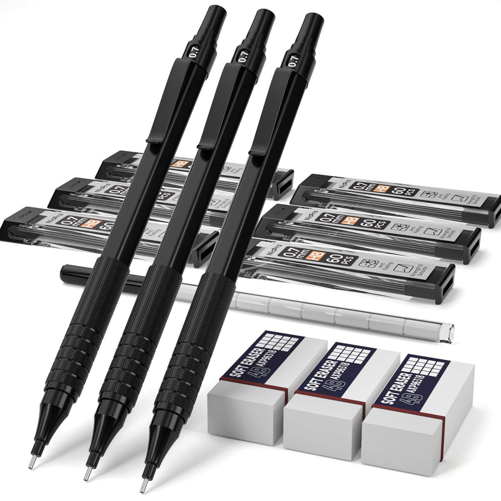 Nicpro Black 0.7 mm Mechanical Pencils Set, 3 PCS Metal Automatic Artist Drafting Pencil With 6 Tubes HB Pencil Leads And 3 Erasers For Writing Drafting, Drawing, Sketch-Come With Case