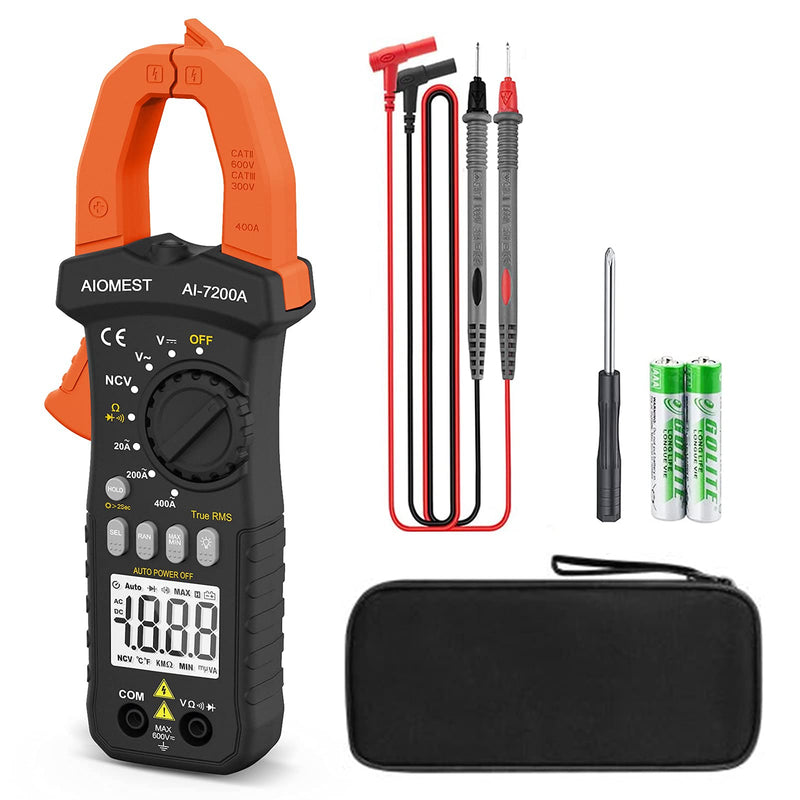 AIOMEST AI-7200A TRMS 2000 Counts Digital Clamp Multimeter Measures AC/DC Voltage, Current, Resistance, Continuity, Diode, Continuity, NCV Test, Auto Volt Amp Ohm Tester with Backlit Lamp
