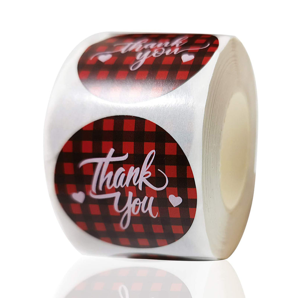 1.5" Thank You Stickers Labels Roll Buffalo Plaid Christmas 4 Designs Round Label Stickers Envelope Seal Xmas Decorative Small Business Stickers for Cards Gift Envelopes Boutiques,500 Labels Per Roll