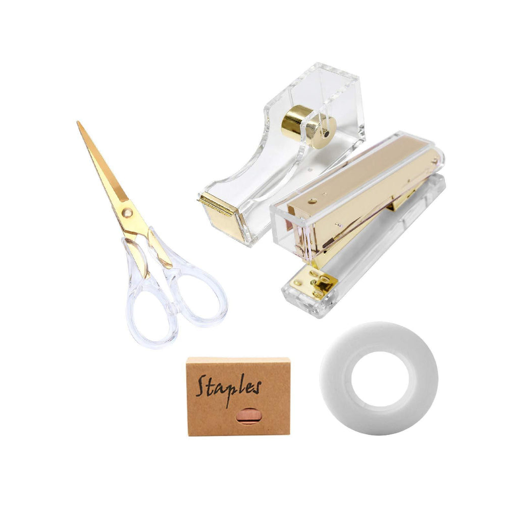 Acrylic Gold Stapler Tape Dispenser Scissors Set Heavy Duty Office Desk Stapler Tape Cutter Dispenser with 6.3" Gold Scissors Office Supplies Stationery Desk Set for Home, Office N School