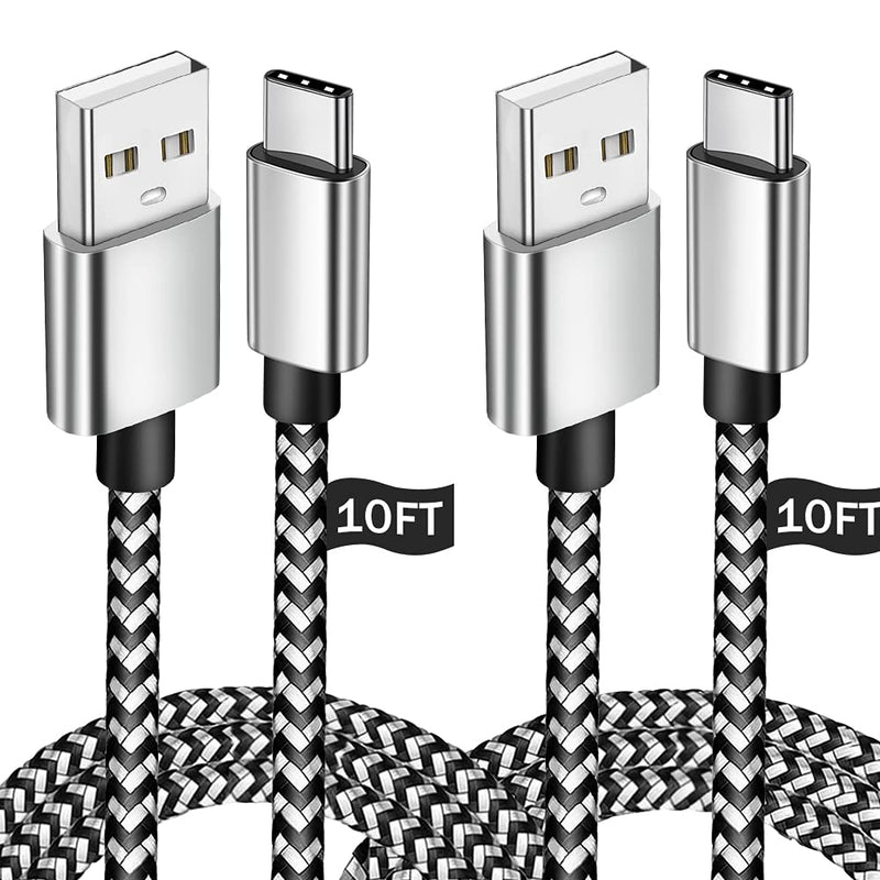 USB Type C Charger Cable 10FT,2Pack USB C Charger Fast Charging Cord Compatible with Samsung Galaxy S9 S10 S10+ S20 A11 A20 A21 A51 A41 A32 A71 Kindle Fire 9th-10th Generation Sliver&Black
