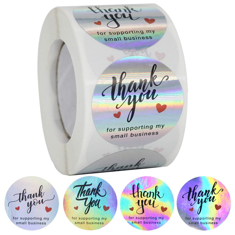 NSWDYLO Thank You Stickers Roll 500pcs 1.5” Thank You for Supporting My Small Business Stickers 4 Designs Thank You Small Business Stickers for Business Packages Holographic Thank You Stickers Labels