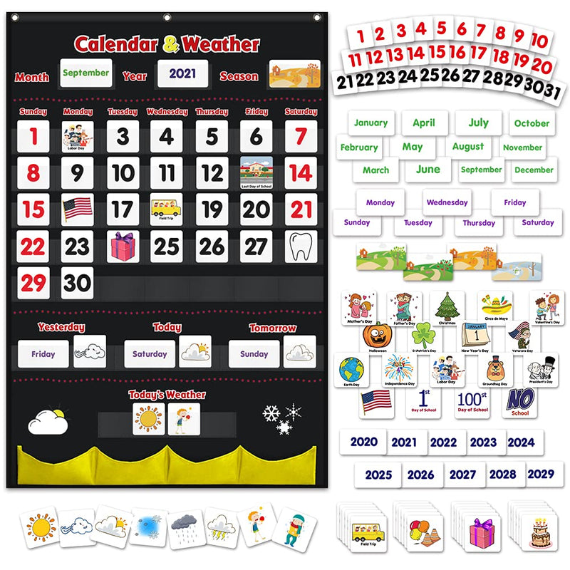 Godery Calendar and Weather Pocket Chart, Classroom Organized Chart, 149 Pieces (Black) Black