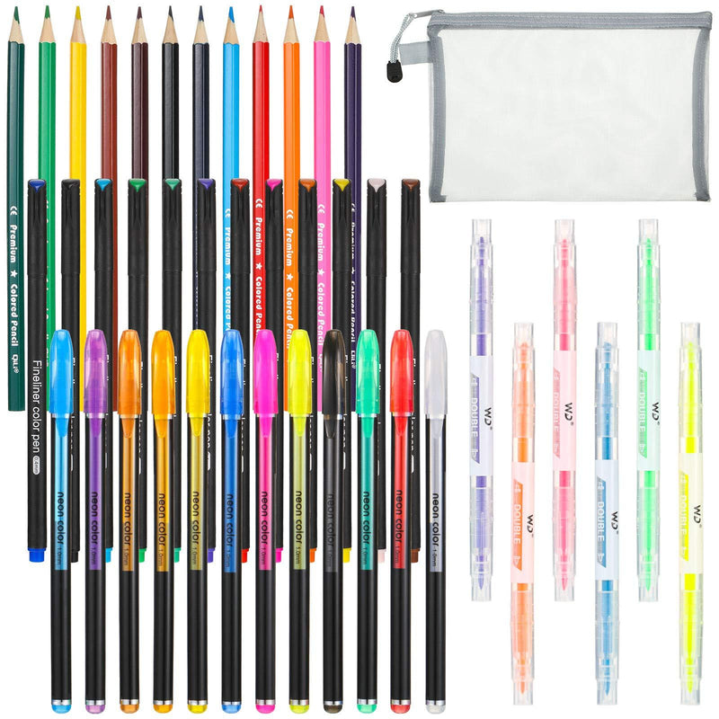 43 Pieces Bible Journaling Planner Pen Supplies Kit Colored Thin Point Markers Colored Pencils Glitter Pens Double Highlighters Pens Storage Bag for Bible Study Coloring Book Crafting Doodling Drawing