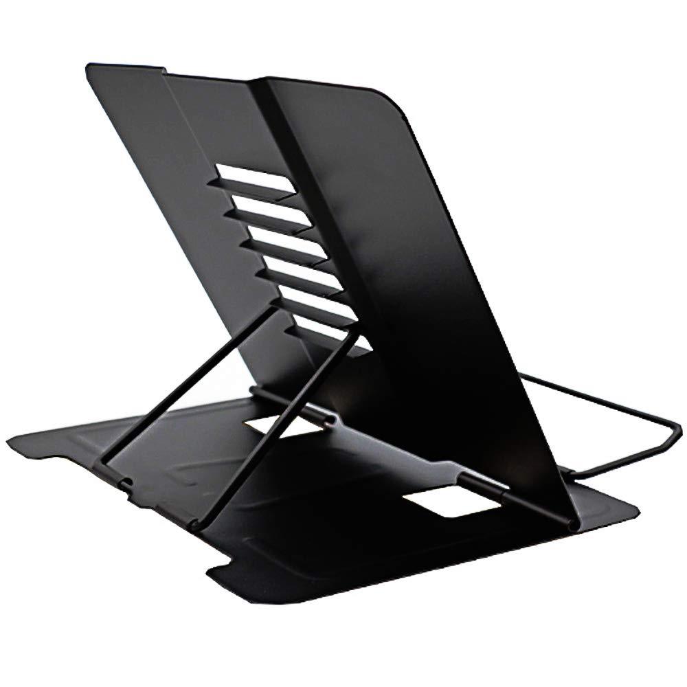 Metal Book Stand Folding Reading Book Holder with 6 Adjustable Angles and Paper Page Clip,Sturdy Desktop Rest Book Holder for Cookbook,Magazine,Textbooks，Document, Music Book, Laptop,Tablet(Black)