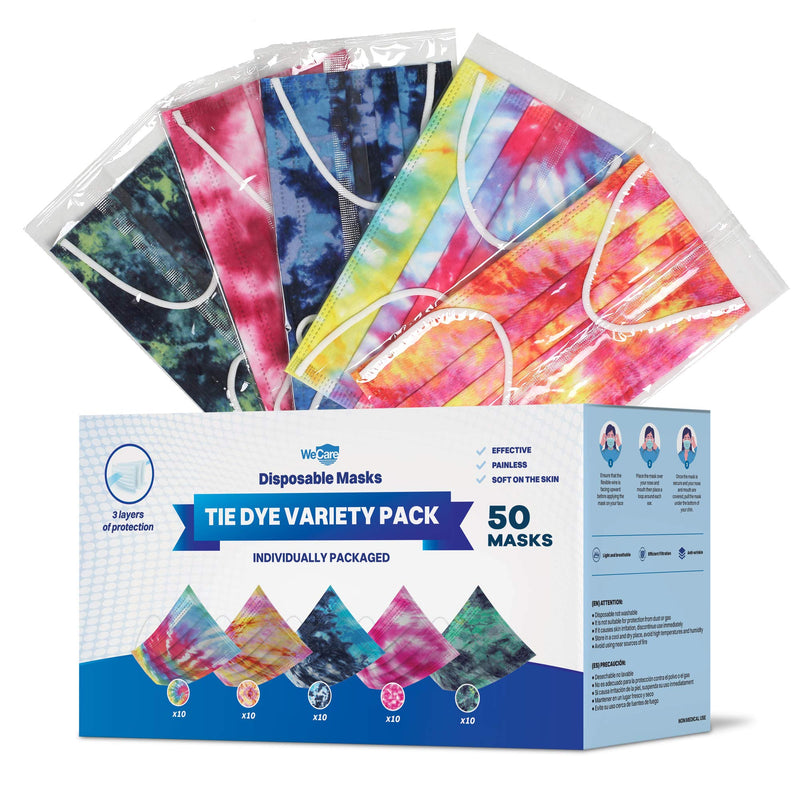 WeCare Disposable Face Mask Individually Wrapped - 50 Pack, Printed Masks - 3 Ply Assorted Tie Dye