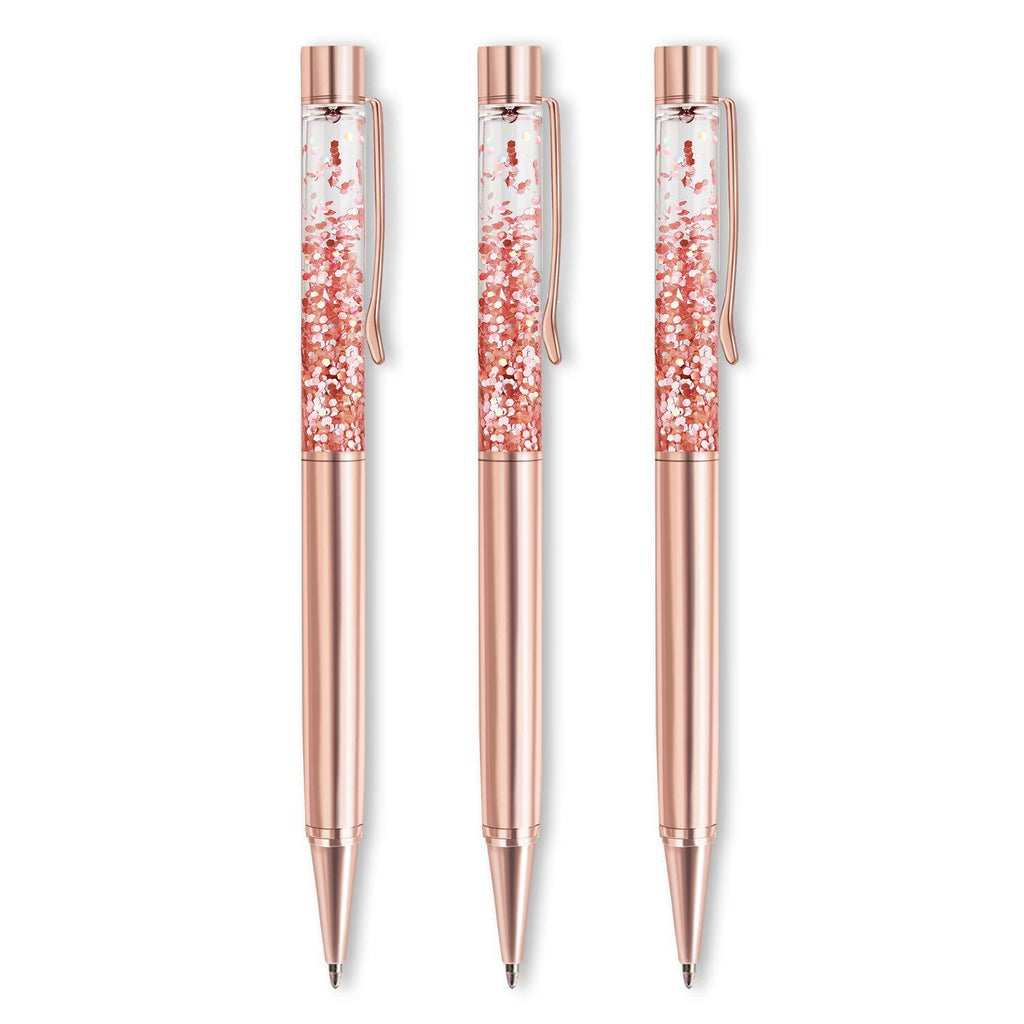 Ballpoint Pens, 3 Pcs Rose Gold Metal Pen Bling Dynamic Liquid Peices Pen with Refills Black Ink for Office Supplies Gift Wedding Birthday