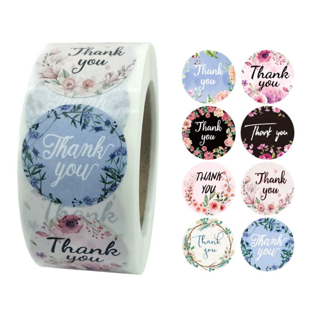 Thank You Stickers Roll, 1inch 1000PCS Flower Self-Adhesive Thank You Labels with 8 Different Designs, Great for Wedding, Small Business, Bakeries, Handmade Goods