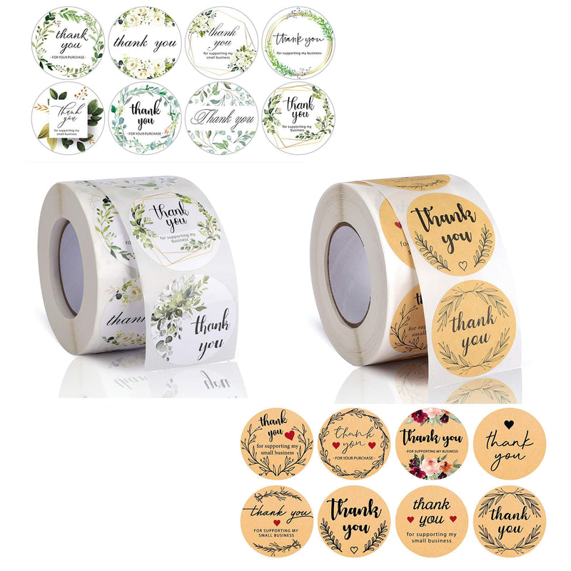 Avamie 1000 PCS Thank You Stickers Rolls, 1.5 inch Thank You for Supporting My Small Business Stickers, 16 Unique Designs, Thank You Stickers Labels 2 Rolls (Greenery and Kraft) Greenery and Kraft