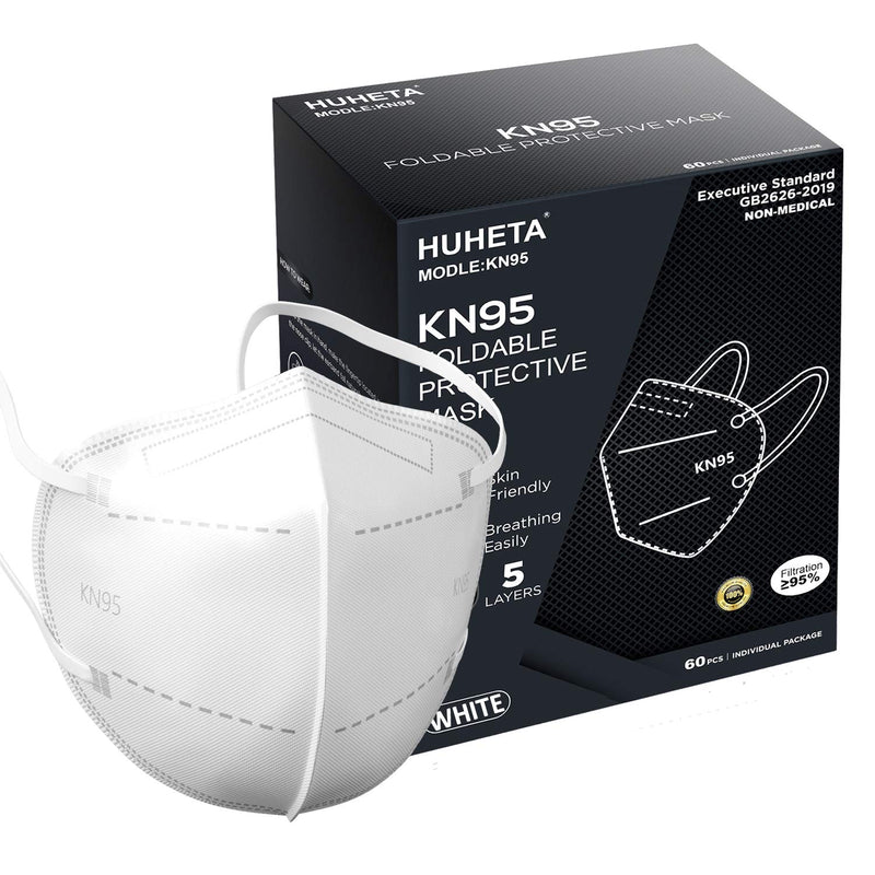 HUHETA KN95 Face Mask 60 Pack, 5-Ply Breathable & Comfortable Safety Mask, Filter Efficiency>=95%, Protective Cup Dust Masks Against PM2.5 - Individually Wrapped (White Mask) White