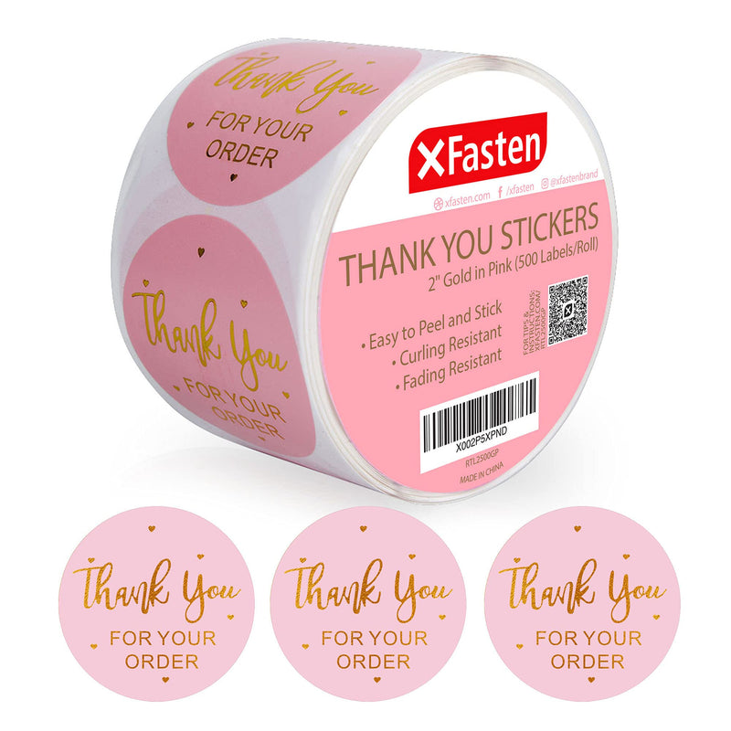 XFasten Pink Thank You Stickers Roll for Small Business, 500 2-inch Round Thank You Sticker Tags, Microwave-Safe Thank You Sticker Label Bulk for Packaging, Shipping, Shopping Bags and Envelopes