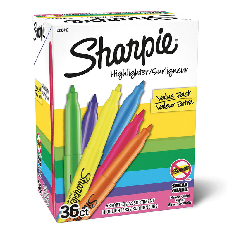 Sharpie Pocket Highlighters, Narrow Chisel Tip, Assorted Fluorescent Colors, Value Pack, 36 Count Multicolor