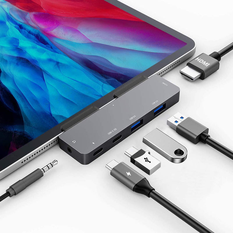 USB C HUB for iPad Pro 11/12.9 2021 2020 2018/iPad Air 4, 6in1 USB C Hub with 4K HDMI,3.5mm Headphone Jack,2 USB3.0,USB C PD Charging&Data,USB C Earphone Jack,Adapter for iPad Pro,MacBook 6in1 USB C Hub Space Grey