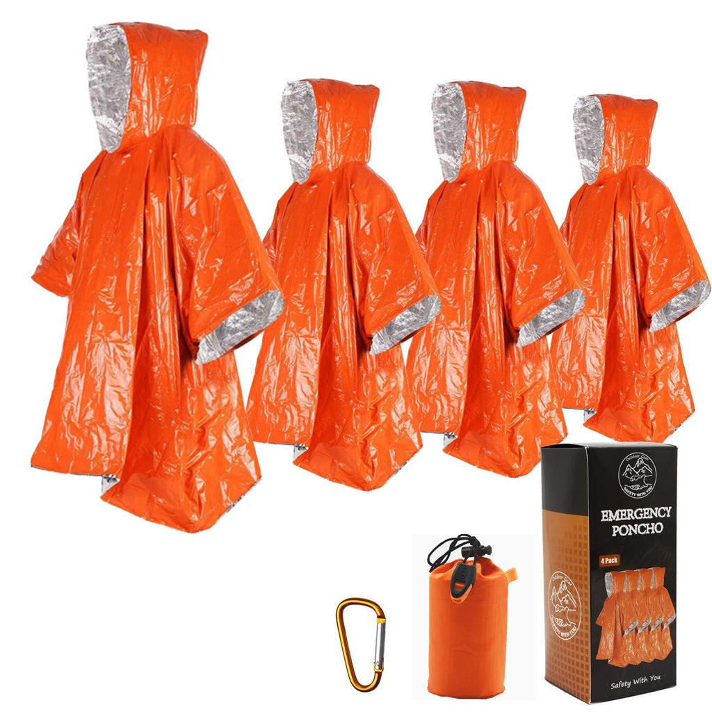 Ninth C Emergency Blanket Poncho, 4 Pack Ultralight Waterproof Thermal Survival Space Blanket Ponchos with Hood for Camping Hiking Outdoor 4pcs Orange