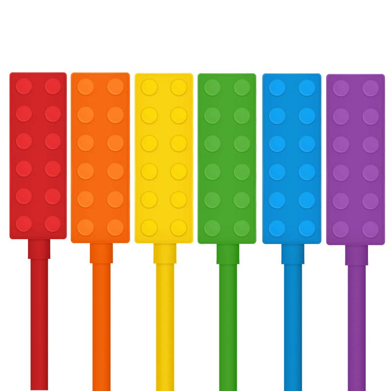 Chewable Pencil Toppers for Sensory Kids Boys and Girls (6 Pack), Silicone Rainbow Pencil Chew Toppers for Chewers with Special Oral Motor Needs, Chewing Brick Pencil Toppers for Children