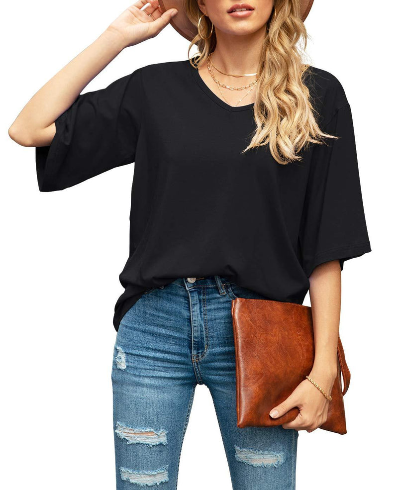 SUEANI Women's Blouse Tops Loose V Neck 3/4 Bell Sleeve Shirt Small A-01- Black