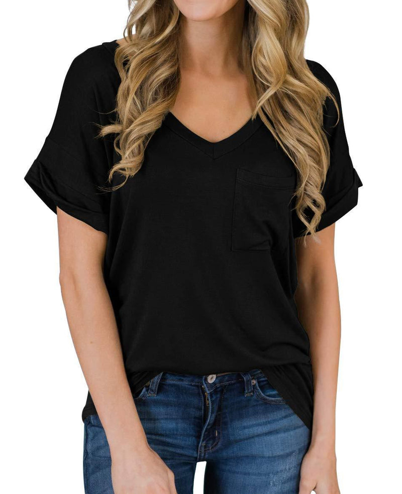 TASAMO Women's Short Sleeve V-Neck Shirts Loose Casual Tee T-Shirt Basic Tops Small A-01 Black