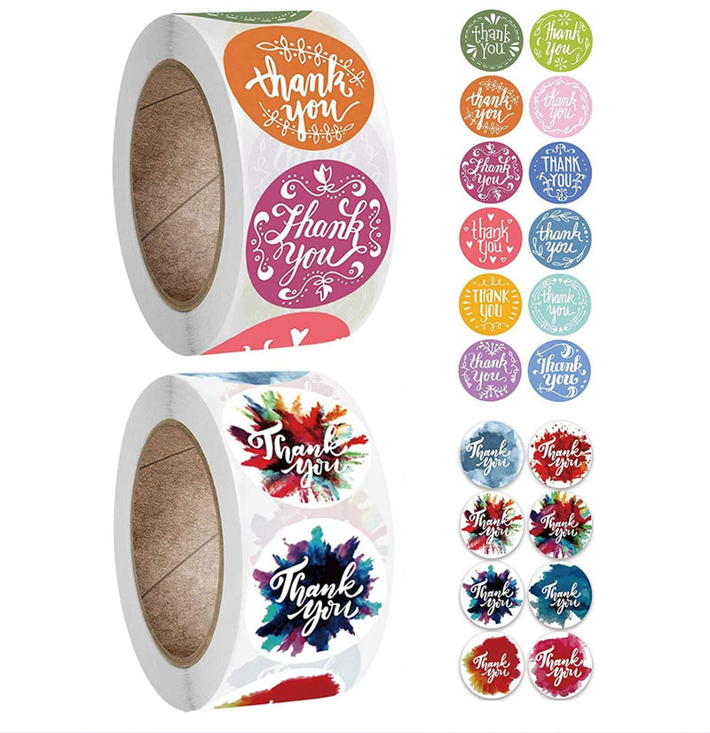 Thank You Sticker roll, 20 Designs of 1" Thank You Sticker Business roll, 1000 Thank You Labels, Used for Gift Packaging, envelopes, Bubble Mail and Bags