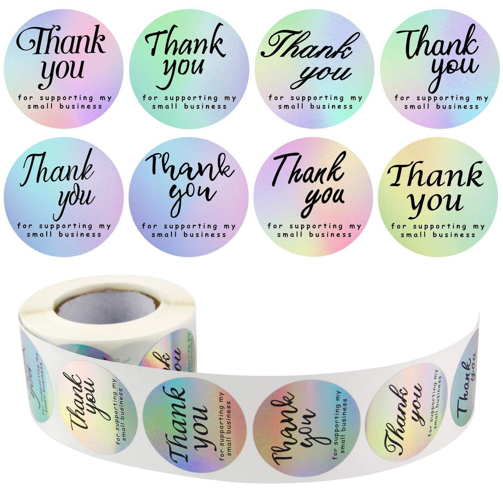 500 Thank You for Supporting My Small Business Stickers- 8 Designs, 7 Colours Rainbow Holo Stickers for Wrapping Business Boutiques, Round Shape Adhesive Holographic Label Stickers for Boutiques Shop Wrapping Supplies(1.5 Inch)