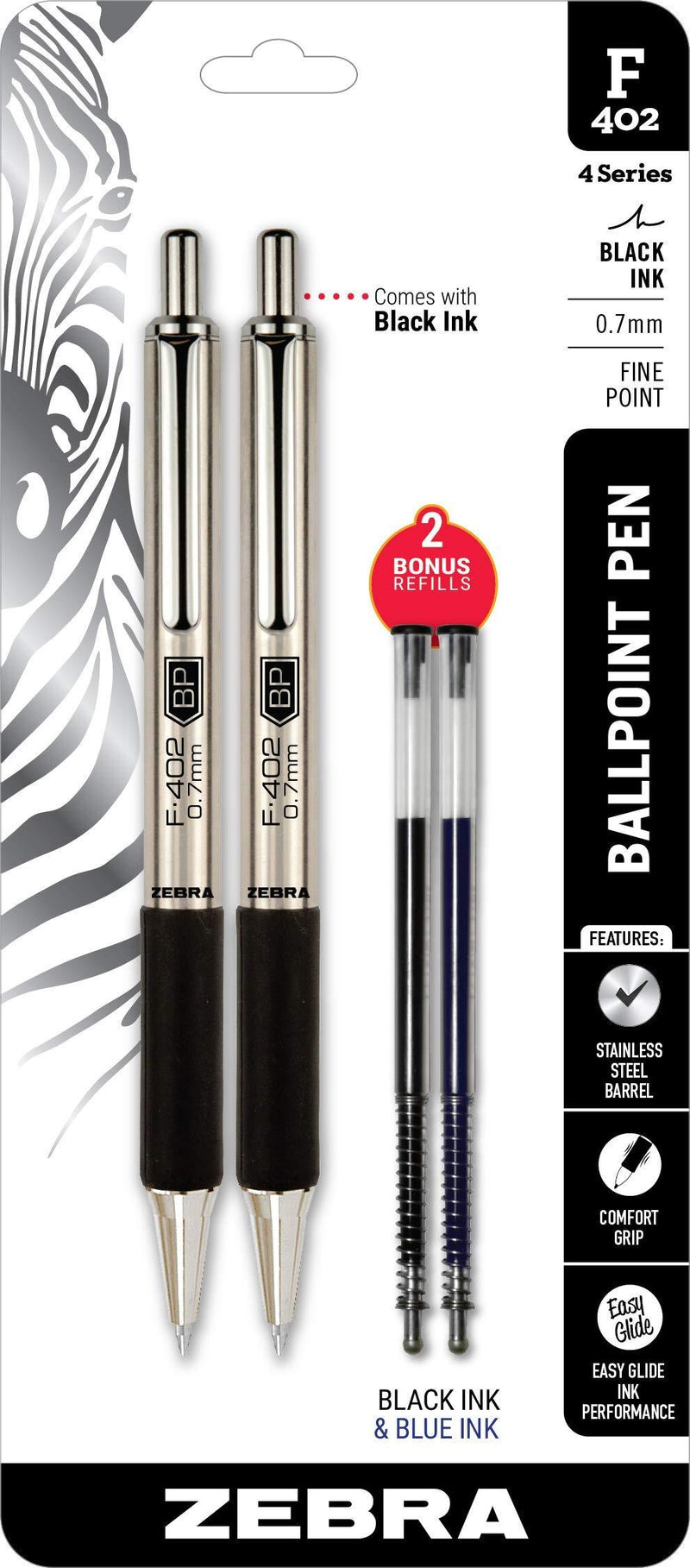 Zebra Pens Fine Point F-402 Ballpoint Stainless Steel Pen, 0.7mm Black Ink, 2 Black Ink Retractable Metal Pens with 2 Black Ink Refills in Pack, 0.7mm Fine Point Pens With .7 mm F402 Zebra Pen Refill.