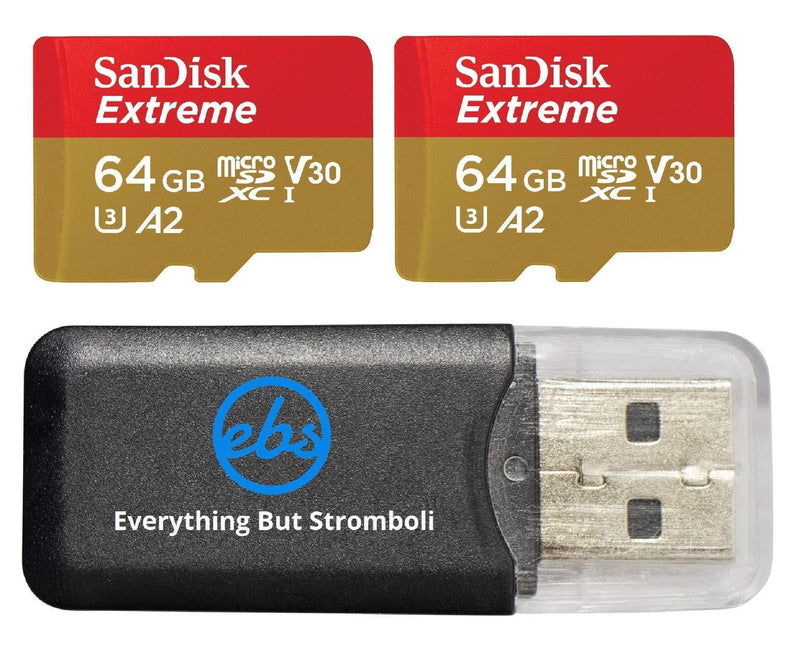 SanDisk Extreme 64GB (2 Pack) MicroSD Memory Card for DJI Mavic Mini 2, Mavic Mini, Mavic Air 2 Drone - C10 A2 V30 SDXC (SDSQXA2-064G-GN6MN) Bundle with (1) Everything But Stromboli Micro Card Reader