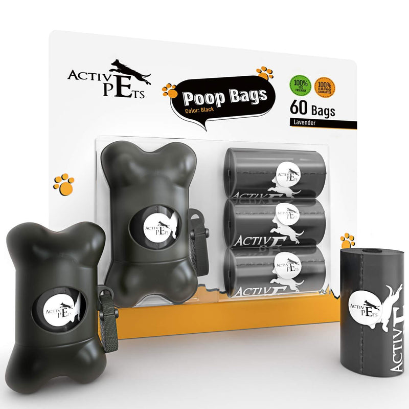 Active Pets Dog Poop Bag Dispenser For Poop Bags Fits Any Leash, Dog Poop Bag Holder For Dog Bags, Includes 60 Doggie Bags For Poop, Poop Bag Holder For Leash for dog bags for poop With 4 Poop Rolls 1 Dispenser, 4 Rolls Black
