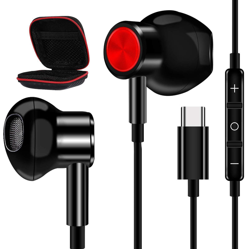 USB C Headphone + Portable Storage Case, Jelanry Headphones Hi-Fi Stereo Sports Magnetic Earbuds Bass Wired Earphones with Mic Volume Control for Samsung Galaxy Z Fold 3/ Flip 3/ S21/ S20 FE Black
