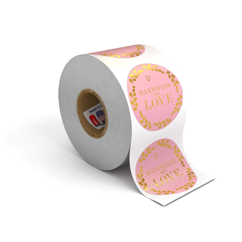 Kenco 1.5" Inch Handmade with Love Stickers, Made in The USA! for Envelopes, Boxes, Packaging and More - 500 Labels Per Roll (1 Pack 500 Stickers, Pink and Gold FOIL) 1 PACK 500 STICKERS