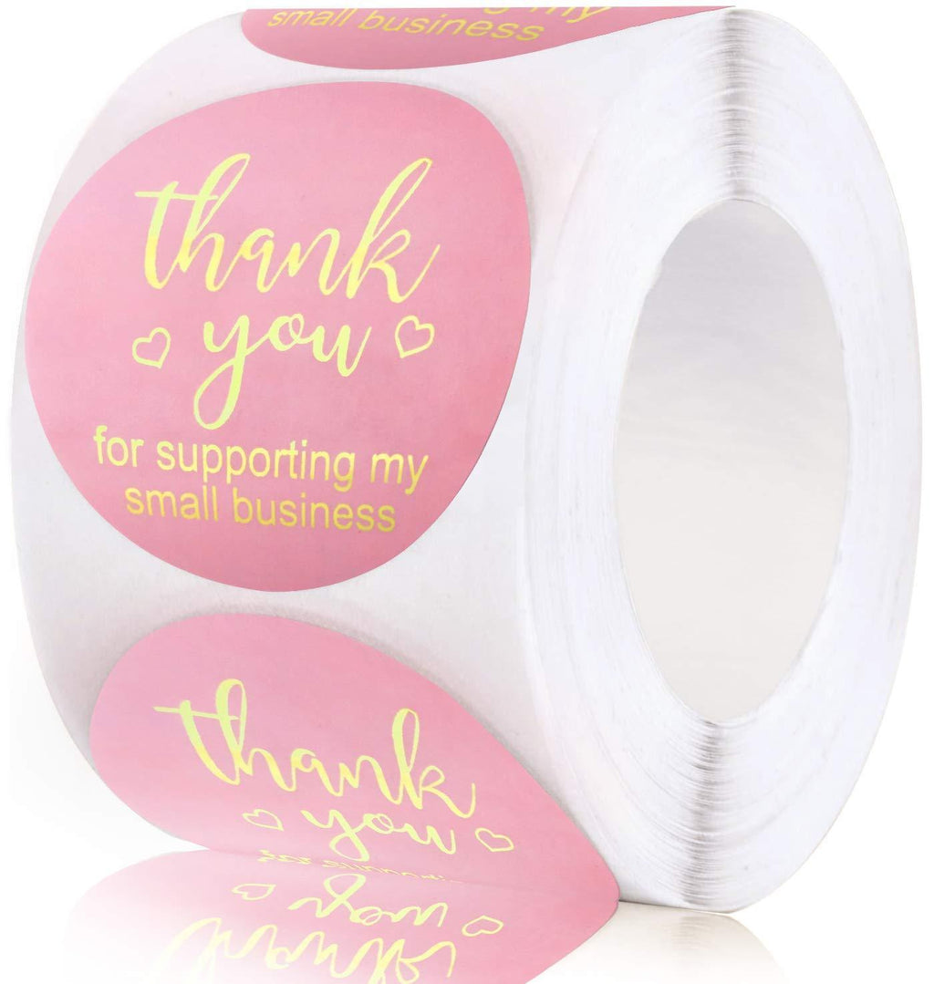 1.5in Thank You Stickers,Roll of 500 Thank You for Supporting My Small Business Sticker Labels,Adhesive Thank You Round Label Stickers for Gift Packaging,Greeting Card,Bouquet,Mailer&Retail Bag,Pink 1.5in Pink