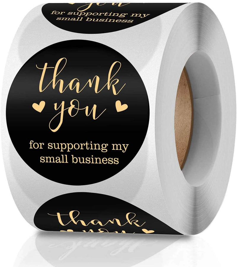 Thank You Stickers Labels Seals Thank You for Supporting My Small Business Stickers Roll,Gold Foil Fonts Black Thank You Stickers,Ideal for Crafters & Online Sales, 500 Labels Per Roll Black(1.5Inch)