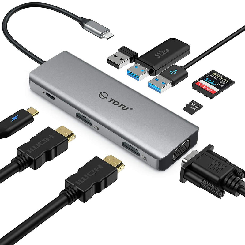 Docking Station, USB C Hub, TOTU 9 in 1 Triple Display Docking Station with Collage Display Mode, Dual 4K HDMI, VGA, 100W PD, 3 USB 3.0 and TF/SD Card Reader for MacBook Pro Air and Type-C Laptops